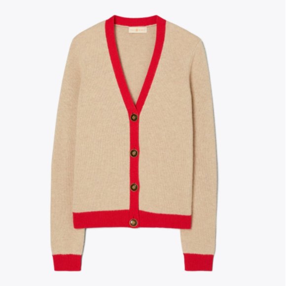 $398 Tory Burch Color-Block Cashmere Cardigan Rolled Oats / Brillian Red size M - Picture 1 of 3
